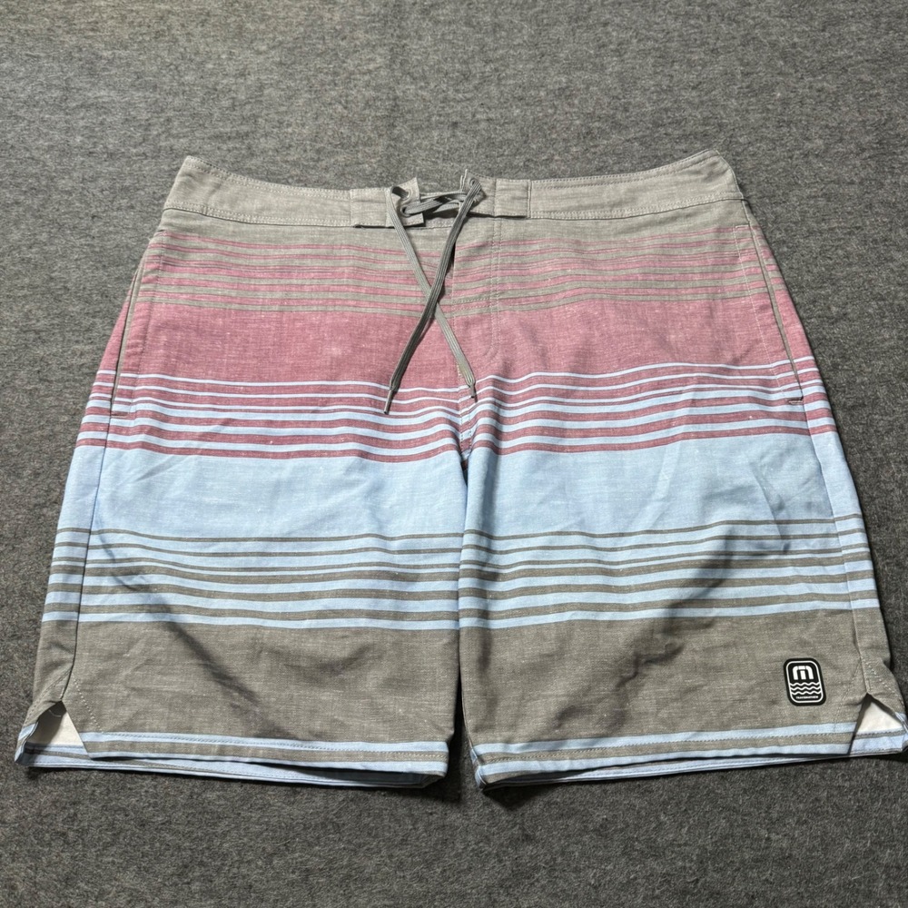 TravisMathew Mens Striped Board Shorts Grey Burgundy Blue Size 38 Swim Trunks